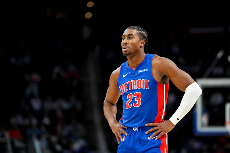 DETROIT, MICHIGAN - NOVEMBER 08: Jaden Ivey #23 of the Detroit Pistons looks on against the Atlanta Hawks at Little Caesars Arena on November 08, 2024 in Detroit, Michigan. NOTE TO USER: User expressly acknowledges and agrees that, by downloading and or using this photograph, User is consenting to the terms and conditions of the Getty Images License Agreement. (Photo by Nic Antaya/Getty Images)