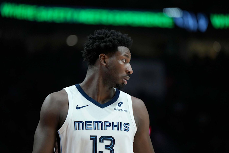 PORTLAND, OREGON - NOVEMBER 10: Jaren Jackson Jr. #13 of the Memphis Grizzlies looks on during the first half against the Portland Trail Blazers at Moda Center on November 10, 2024 in Portland, Oregon. NOTE TO USER: User expressly acknowledges and agrees that, by downloading and or using this photograph, User is consenting to the terms and conditions of the Getty Images License Agreement. (Photo by Soobum Im/Getty Images)