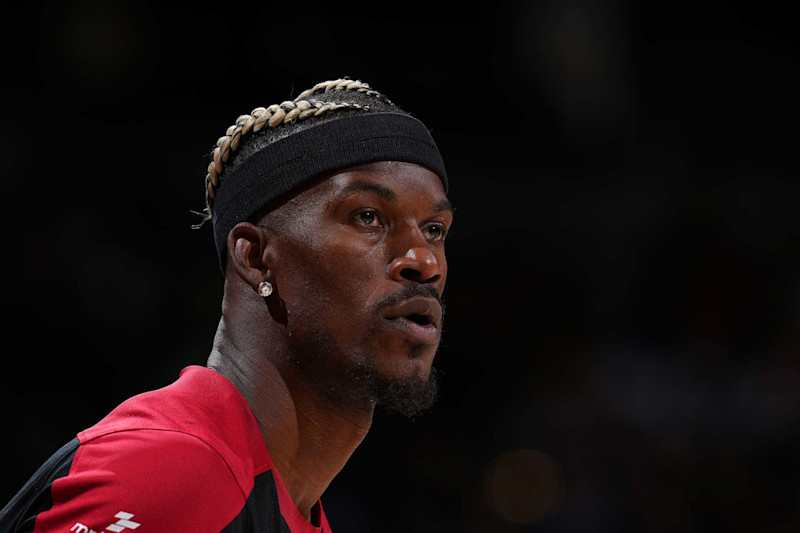 DENVER, CO - NOVEMBER 8: Jimmy Butler #22 of the Miami Heat looks on before the game against the Denver Nuggets on November 8, 2024 at Ball Arena in Denver, Colorado. NOTE TO USER: User expressly acknowledges and agrees that, by downloading and/or using this Photograph, user is consenting to the terms and conditions of the Getty Images License Agreement. Mandatory Copyright Notice: Copyright 2024 NBAE (Photo by Bart Young/NBAE via Getty Images)