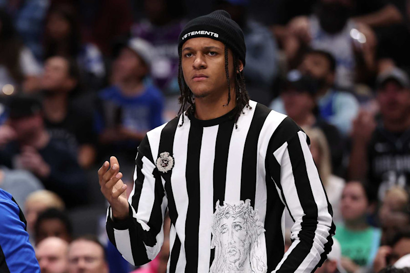 DALLAS, TEXAS - NOVEMBER 03: Paolo Banchero #5 of the Orlando Magic reacts while on the bench during the first half of the game against the Dallas Mavericks at American Airlines Center on November 03, 2024 in Dallas, Texas. NOTE TO USER: User expressly acknowledges and agrees that, by downloading and or using this photograph, User is consenting to the terms and conditions of the Getty Images License Agreement. (Photo by Sam Hodde/Getty Images)