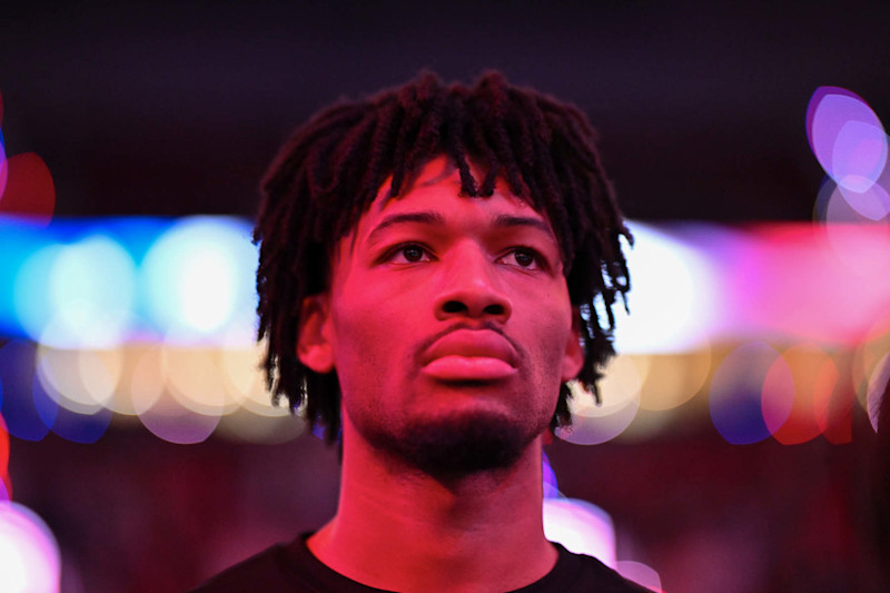 PORTLAND, OREGON - NOVEMBER 12: Shaedon Sharpe #17 of the Portland Trail Blazers looks on before the Emirates NBA Cup game against the Minnesota Timberwolves at Moda Center on November 12, 2024 in Portland, Oregon. The Portland Trail Blazers won 122-108. NOTE TO USER: User expressly acknowledges and agrees that, by downloading and or using this photograph, User is consenting to the terms and conditions of the Getty Images License Agreement. (Photo by Alika Jenner/Getty Images)