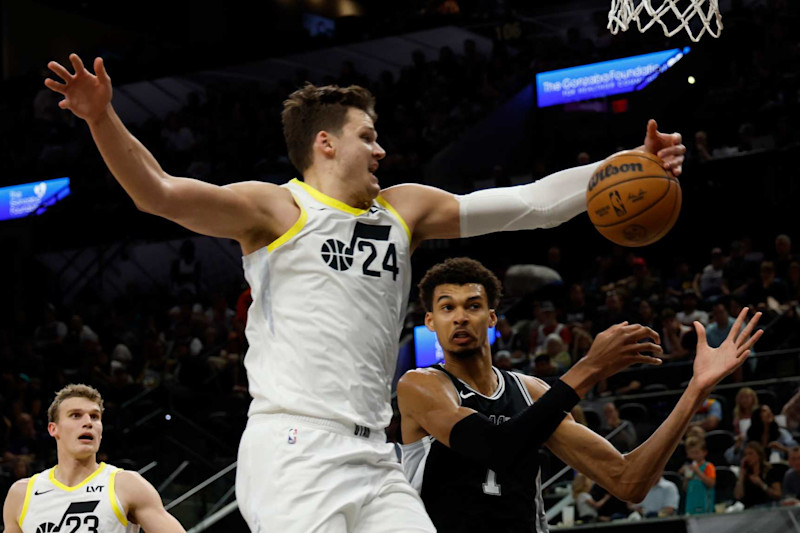 SAN ANTONIO, TX - NOVEMBER 9:  Walker Kessler #24 of the Utah Jazz grabs a rebound by Victor Wembanyama #1 of the San Antonio Spurs in the second half at Frost Bank Center on November 9, 2024 in San Antonio, Texas. NOTE TO USER: User expressly acknowledges and agrees that, by downloading and or using this photograph, User is consenting to terms and conditions of the Getty Images License Agreement. (Photo by Ronald Cortes/Getty Images)