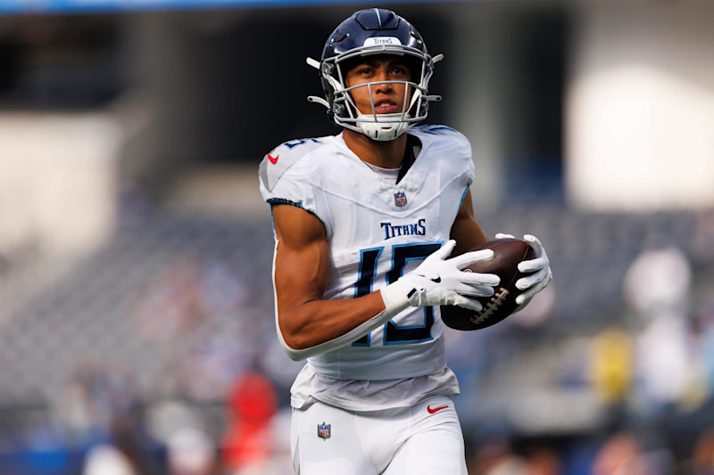 INGLEWOOD, CALIFORNIA - NOVEMBER 10: Nick Westbrook-Ikhine #15 of the Tennessee Titans runs after the catch before a game against the Los Angeles Chargers at SoFi Stadium on November 10, 2024 in Inglewood, California. (Photo by Ric Tapia/Getty Images)