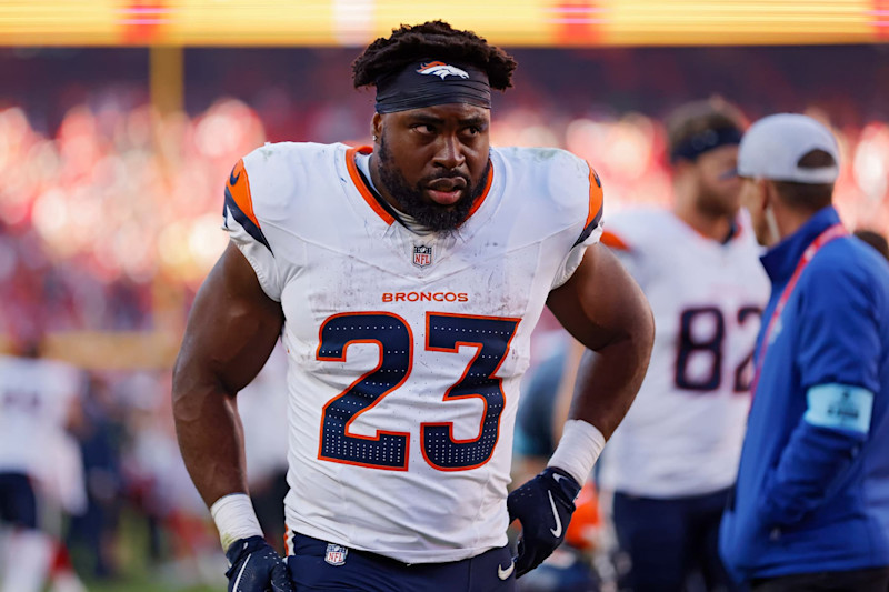 KANSAS CITY, MISSOURI - NOVEMBER 10: Audric Estime #23 of the Denver Broncos looks on after his team's 16-14 loss against the Kansas City Chiefs at GEHA Field at Arrowhead Stadium on November 10, 2024 in Kansas City, Missouri. (Photo by David Eulitt/Getty Images)