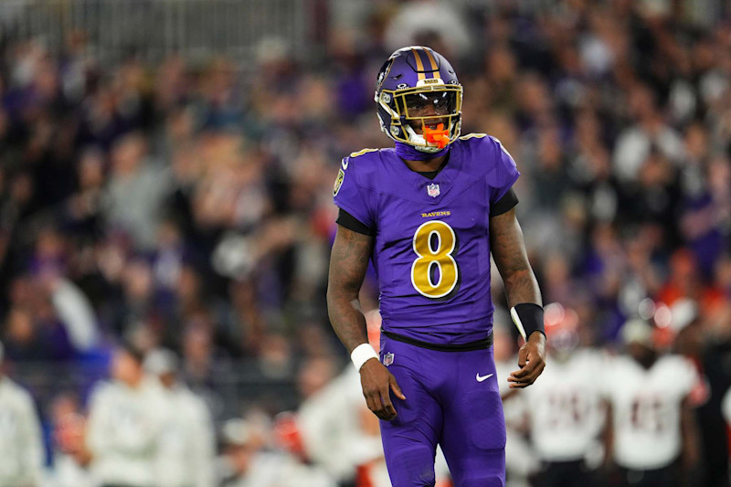 BALTIMORE, MD - NOVEMBER 07: Lamar Jackson #8 of the Baltimore Ravens looks on from the field during an NFL football game against the Cincinnati Bengals at M&T Bank Stadium on November 7, 2024 in Baltimore, Maryland. (Photo by Cooper Neill/Getty Images)