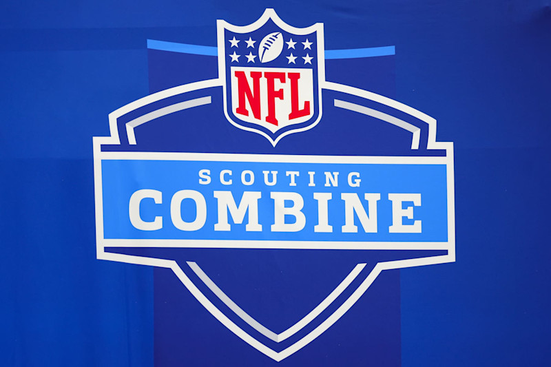 INDIANAPOLIS, INDIANA - MARCH 02: A detailed view of the NFL Combine logo at Lucas Oil Stadium on March 02, 2023 in Indianapolis, Indiana. (Photo by Stacy Revere/Getty Images)