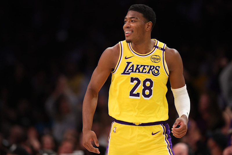 LOS ANGELES, CALIFORNIA - NOVEMBER 13: Rui Hachimura #28 of the Los Angeles Lakers reacts after a three-point basket against the Memphis Grizzlies during the fourth quarter at Crypto.com Arena on November 13, 2024 in Los Angeles, California. NOTE TO USER: User expressly acknowledges and agrees that, by downloading and or using this photograph, User is consenting to the terms and conditions of the Getty Images License Agreement.  (Photo by Harry How/Getty Images)