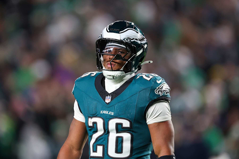 PHILADELPHIA, PENNSYLVANIA - NOVEMBER 14: Saquon Barkley #26 of the Philadelphia Eagles looks on during the second quarter against the Washington Commanders at Lincoln Financial Field on November 14, 2024 in Philadelphia, Pennsylvania. (Photo by Elsa/Getty Images)