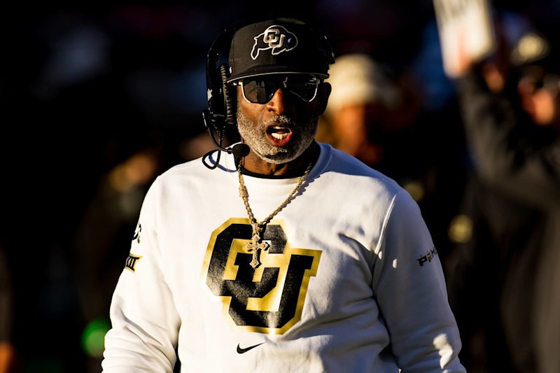 LUBBOCK, TEXAS - NOVEMBER 09: Head coach Deion Sanders of the Colorado Buffaloes walks across the sideline during the second half of the game against the Texas Tech Red Raiders at Jones AT&T Stadium on November 09, 2024 in Lubbock, Texas. (Photo by John E. Moore III/Getty Images)