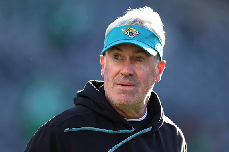 PHILADELPHIA, PENNSYLVANIA - NOVEMBER 03: Head coach Doug Pederson of the Jacksonville Jaguars looks on prior to a game against the Philadelphia Eagles at Lincoln Financial Field on November 03, 2024 in Philadelphia, Pennsylvania. (Photo by Elsa/Getty Images)