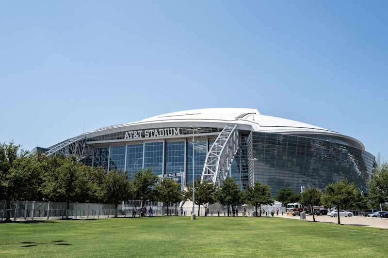 ARLINGTON, TEXAS - JULY 8: A general view of the exterior of the AT&T Stadium home of the Dallas Cowboys before the 2023 Concacaf Gold Cup Quarter Final between Panama and Qatar at AT&T Stadium on July 8, 2023 in Arlington, Texas. (Photo by Matthew Ashton - AMA/Getty Images)