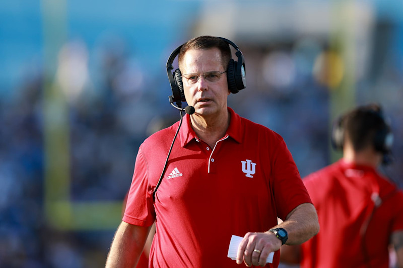 PASADENA, CA - SEPTEMBER 14: Indiana Hoosiers head coach Curt Cignetti walks down the field during a college football game between the Indiana Hoosiers and the UCLA Bruins on September 14, 2024, at the Rose Bowl in Pasadena, CA.  (Photo by Jordon Kelly/Icon Sportswire via Getty Images)