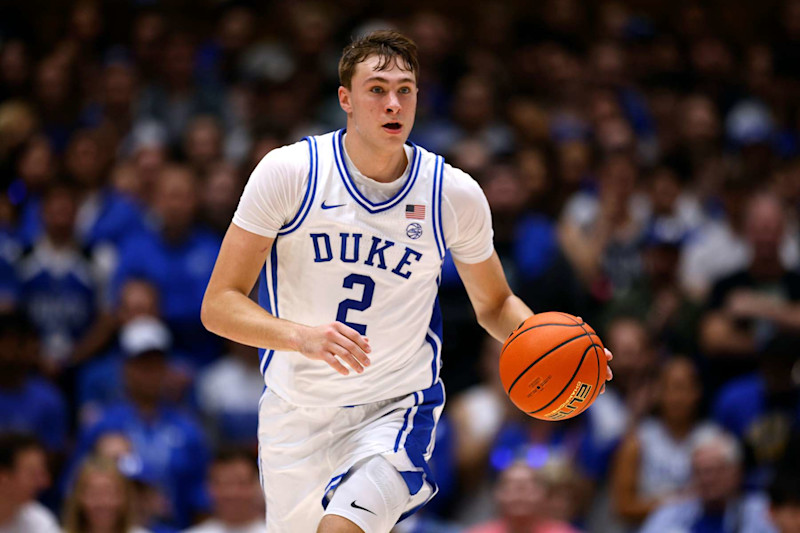 DURHAM, NORTH CAROLINA - NOVEMBER 16: Cooper Flagg #2 of the Duke Blue Devils dribbles up court against the Wofford Terriers during the first quarter of the game at Cameron Indoor Stadium on November 16, 2024 in Durham, North Carolina. (Photo by Lance King/Getty Images)