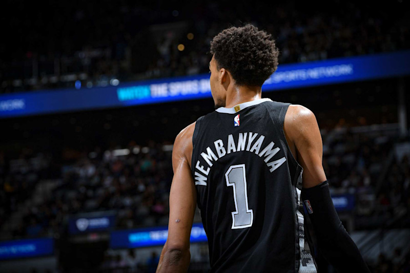 SAN ANTONIO, TX - OCTOBER 22:  Victor Wembanyama #1 of the San Antonio Spurs looks on during the NBA Cup game against the Los Angeles Lakers on October 22, 2024 at the Frost Bank Center in San Antonio, Texas. NOTE TO USER: User expressly acknowledges and agrees that, by downloading and or using this photograph, user is consenting to the terms and conditions of the Getty Images License Agreement. Mandatory Copyright Notice: Copyright 2024 NBAE (Photos by Michael Gonzales/NBAE via Getty Images)