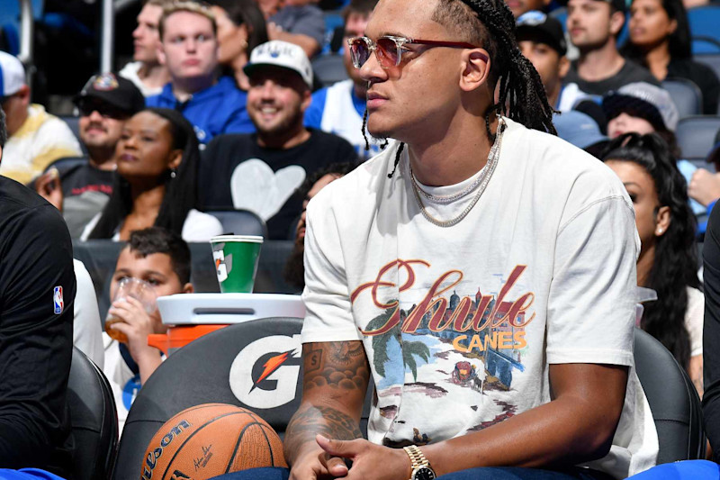 ORLANDO, FL - NOVEMBER 12: Paolo Banchero #5 of the Orlando Magic looks on during the Emirates NBA Cup game against the Charlotte Hornets on November 12, 2024 at Kia Center in Orlando, Florida. NOTE TO USER: User expressly acknowledges and agrees that, by downloading and or using this photograph, User is consenting to the terms and conditions of the Getty Images License Agreement. Mandatory Copyright Notice: Copyright 2024 NBAE (Photo by Fernando Medina/NBAE via Getty Images)