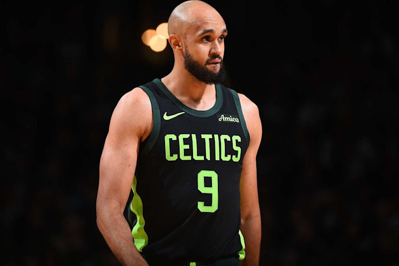 BOSTON, MA - NOVEMBER 16: Derrick White #9 of the Boston Celtics looks on during the game against the Toronto Raptors on November 16, 2024 at TD Garden in Boston, Massachusetts. NOTE TO USER: User expressly acknowledges and agrees that, by downloading and/or using this Photograph, user is consenting to the terms and conditions of the Getty Images License Agreement. Mandatory Copyright Notice: Copyright 2024 NBAE (Photo by Brian Babineau/NBAE via Getty Images)