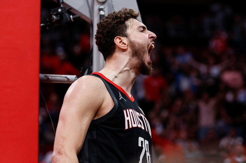 HOUSTON, TEXAS - NOVEMBER 13: Alperen Sengun #28 of the Houston Rockets reacts after blocking a shot in the fourth quarter against the Los Angeles Clippers at Toyota Center on November 13, 2024 in Houston, Texas.  NOTE TO USER: User expressly acknowledges and agrees that, by downloading and or using this photograph, User is consenting to the terms and conditions of the Getty Images License Agreement.  (Photo by Tim Warner/Getty Images)