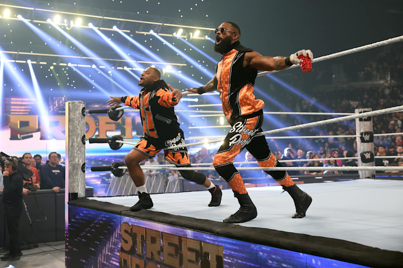 NEW YORK, NEW YORK - NOVEMBER 1: (L-R) Angelo Dawkins and Montez Ford of the Street Profits make their entrance to the ring during WWE SmackDown at Barclays Center on November 1, 2024 in New York City.  (Photo by WWE/Getty Images)