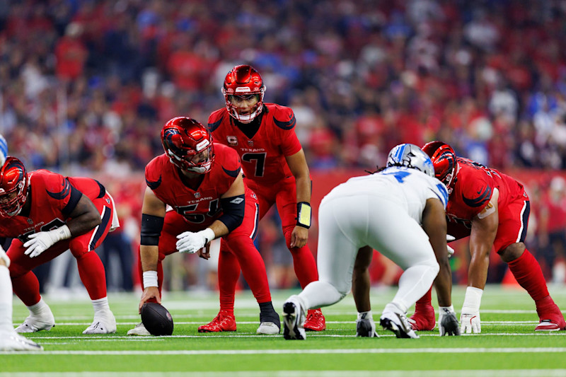 HOUSTON, TEXAS - NOVEMBER 10: Quarterback C.J. Stroud #7 of the Houston Texans gets set during the first quarter of an NFL football game against the Detroit Lions at NRG Stadium on November 10, 2024 in Houston, Texas. (Photo by Brooke Sutton/Getty Images)