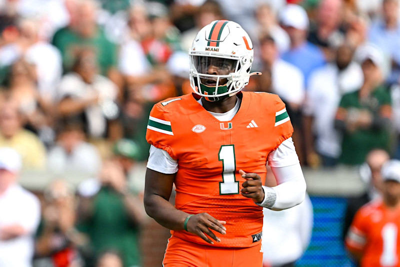 ATLANTA, GA  NOVEMBER 09:  Miami quarterback Cam Ward (1) reacts during the college football game between the Miami Hurricanes and the Georgia Tech Yellow Jackets on November 9th, 2024 at Mercedes-Benz Stadium in Atlanta, GA.  (Photo by Rich von Biberstein/Icon Sportswire via Getty Images)