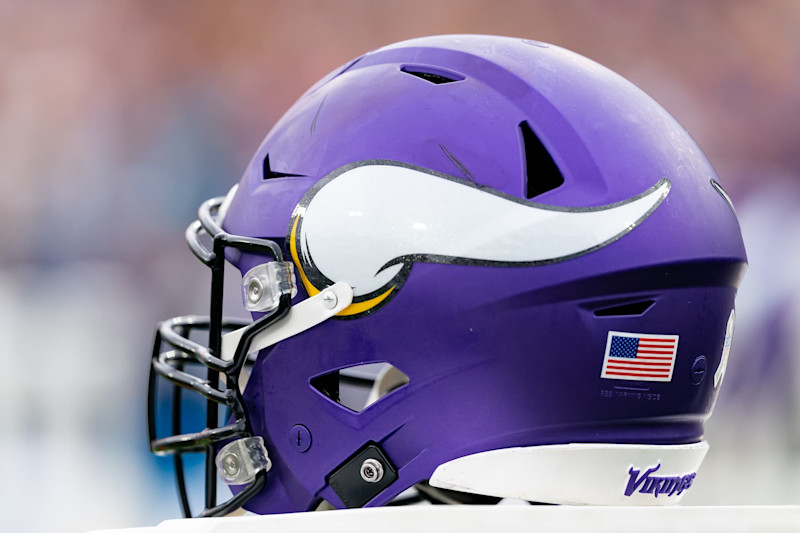 JACKSONVILLE, FL - NOVEMBER 10: Minnesota Vikings helmet sits on the sideline before an NFL game between the Minnesota Vikings and the Jacksonville Jaguars on November 10th, 2024 at EverBank Stadium in Jacksonville, FL.(Photo by Chris Leduc/Icon Sportswire via Getty Images)