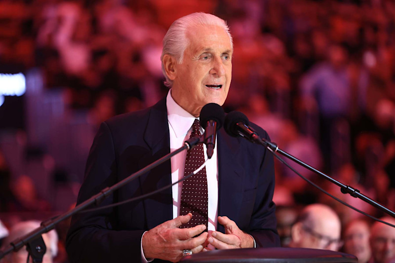 MIAMI, FLORIDA - OCTOBER 23: Pat Riley speaks during a ceremony celebrating his court dedication at Kaseya Center on October 23, 2024 in Miami, Florida. NOTE TO USER: User expressly acknowledges and agrees that, by downloading and or using this photograph, User is consenting to the terms and conditions of the Getty Images License Agreement. (Photo by Carmen Mandato/Getty Images)