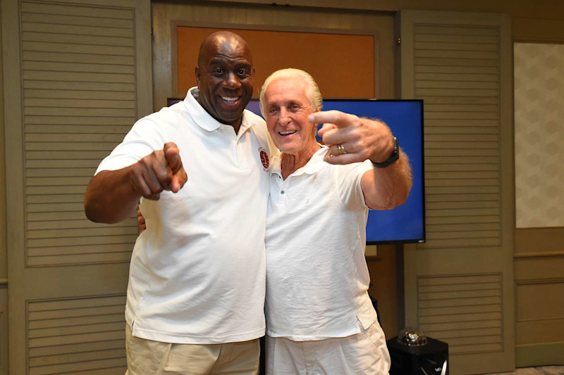 MAUI, HI - SEPTEMBER 12-18: Pat Riley and Earvin Magic Johnson attend the Lakers Showtime Reunion on September 12-18, 2022 at the Four Seasons Resort in Maui, Hawaii. NOTE TO USER: User expressly acknowledges and agrees that, by downloading and or using this photograph, user is consenting to the terms and conditions of Getty Images License Agreement. Mandatory Copyright Notice: Copyright 2022 NBAE (Photo by Andrew D. Bernstein/NBAE via Getty Images)