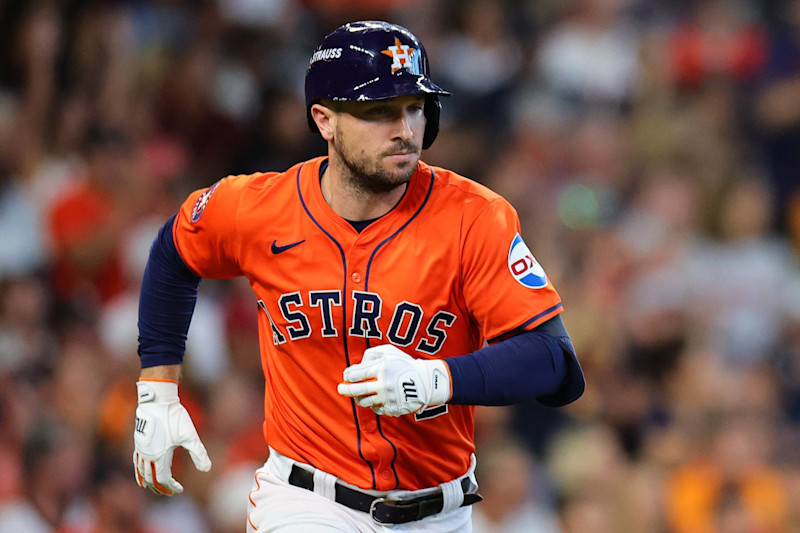 HOUSTON, TEXAS - OCTOBER 02: Alex Bregman #2 of the Houston Astros runs to first base after hitting a single against the Detroit Tigers in the second inning during Game Two of the Wild Card Series at Minute Maid Park on October 02, 2024 in Houston, Texas. (Photo by Alex Slitz/Getty Images)