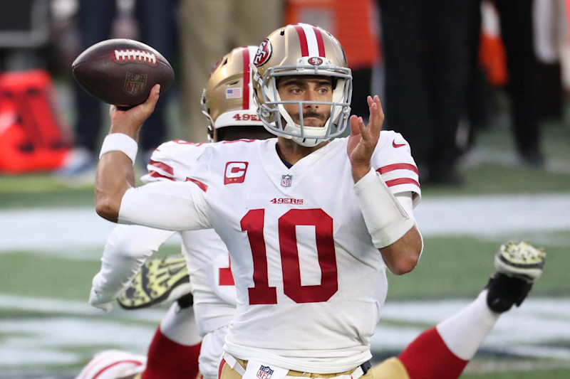 FOXBOROUGH, MA - OCTOBER 5: San Francisco 49ers quarterback Jimmy Garoppolo  throws the ball during the second quarter. The New England Patriots host The San Francisco 49ers during a regular season NFL game on Sunday, Oct. 25, 2020 at Gillette Stadium in Foxborough, MA. (Photo by Jim Davis/The Boston Globe via Getty Images)