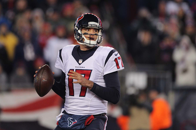 FOXBOROUGH, MASSACHUSETTS - JANUARY 14: Quarterback Brock Osweiler #17 of the Houston Texans  in action during the Houston Texans Vs New England Patriots Divisional round game during the NFL play-offs on January 14th, 2017 at Gillette Stadium, Foxborough, Massachusetts. (Photo by Tim Clayton/Corbis via Getty Images)