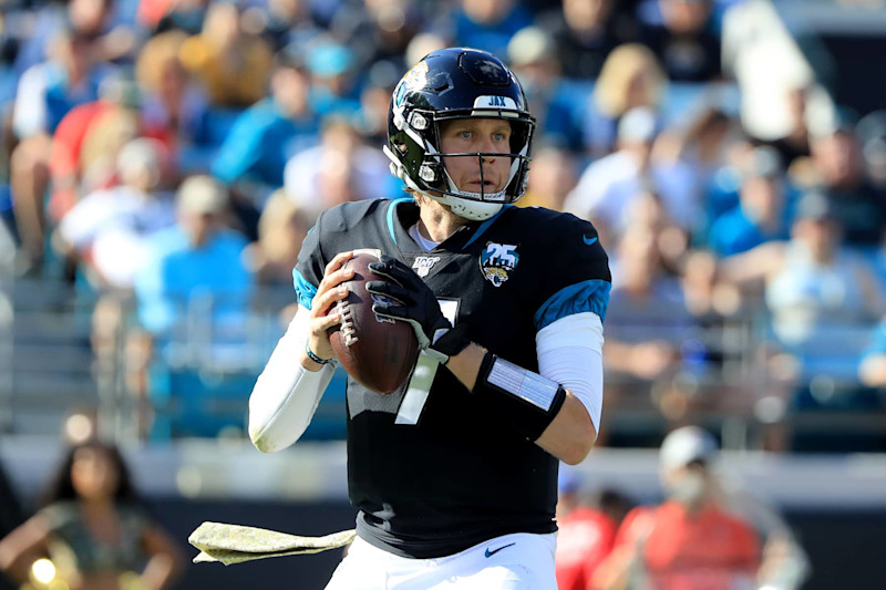 JACKSONVILLE, FLORIDA - DECEMBER 01: Nick Foles #7 of the Jacksonville Jaguars attempts a pass during the game against the Tampa Bay Buccaneers at TIAA Bank Field on December 01, 2019 in Jacksonville, Florida. (Photo by Sam Greenwood/Getty Images)