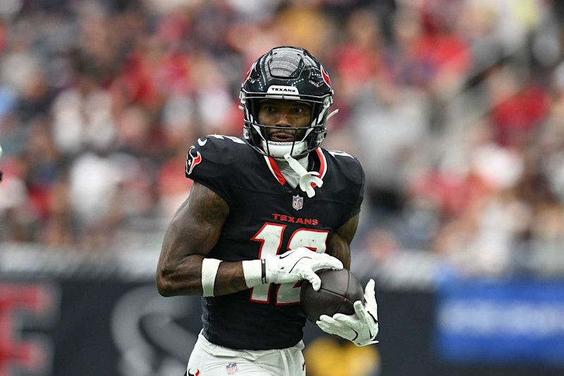 HOUSTON, TEXAS - SEPTEMBER 29: Nico Collins #12 of the Houston Texans runs after catching a pass during the second quarter of the game against the Jacksonville Jaguars at NRG Stadium on September 29, 2024 in Houston, Texas. (Photo by Jack Gorman/Getty Images)