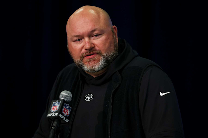 INDIANAPOLIS, INDIANA - FEBRUARY 28: General Manager Joe Douglas of the New York Jets speaks to the media during the NFL Combine at the Indiana Convention Center on February 28, 2024 in Indianapolis, Indiana. (Photo by Kevin Sabitus/Getty Images)