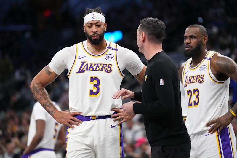 SAN ANTONIO, TX - NOVEMBER 15: Anthony Davis #3 and Head Coach JJ Redick of the Los Angeles Lakers talk during the game against the San Antonio Spurs during the Emirates NBA Cup game on November 15, 2024 at the Frost Bank Center in San Antonio, Texas. NOTE TO USER: User expressly acknowledges and agrees that, by downloading and or using this photograph, user is consenting to the terms and conditions of the Getty Images License Agreement. Mandatory Copyright Notice: Copyright 2024 NBAE (Photos by Jesse D. Garrabrant/NBAE via Getty Images)