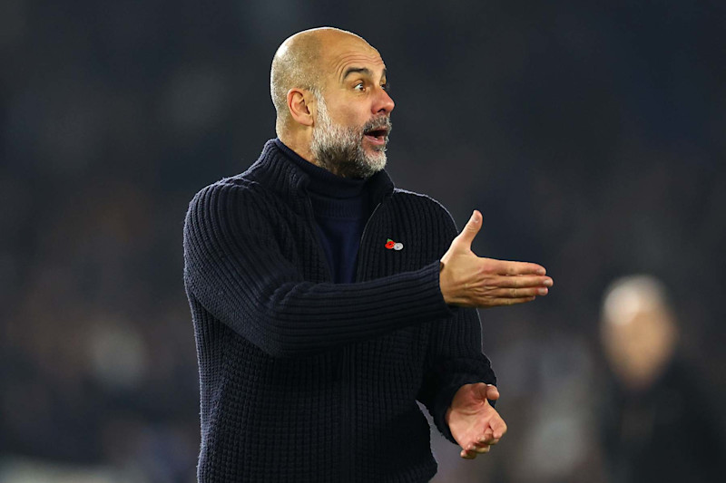 BRIGHTON, ENGLAND - NOVEMBER 09: Pep Guardiola, Manager of Manchester City, reacts following the Premier League match between Brighton & Hove Albion FC and Manchester City FC at Amex Stadium on November 09, 2024 in Brighton, England. (Photo by Bryn Lennon/Getty Images)