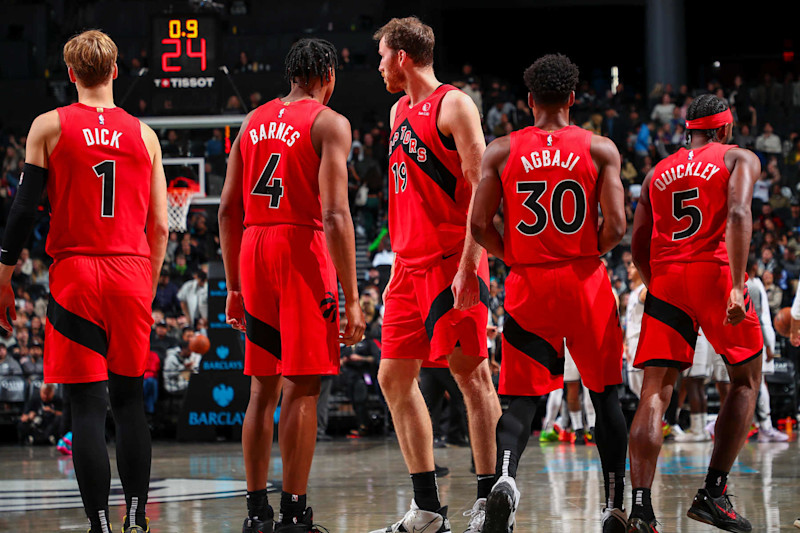 BROOKLYN, NY - OCTOBER 18: Toronto Raptors players looks on during the game on October 18, 2024 at Barclays Center in Brooklyn, New York. NOTE TO USER: User expressly acknowledges and agrees that, by downloading and or using this Photograph, user is consenting to the terms and conditions of the Getty Images License Agreement. Mandatory Copyright Notice: Copyright 2024 NBAE (Photo by David L. Nemec/NBAE via Getty Images)