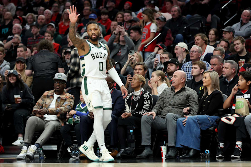 PORTLAND, OREGON - JANUARY 31: Damian Lillard #0 of the Milwaukee Bucks reacts during the second quarter against the Portland Trail Blazers at Moda Center on January 31, 2024 in Portland, Oregon. (Photo by Steph Chambers/Getty Images)