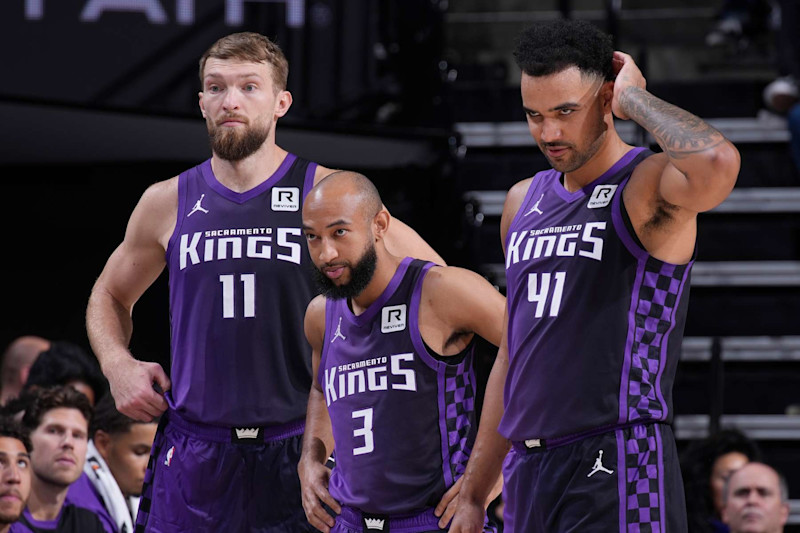 SACRAMENTO, CA - OCTOBER 28: Domantas Sabonis #11, Jordan McLaughlin #3, and Trey Lyles #41 of the Sacramento Kings look on during the game against the Portland Trail Blazers on October 28, 2024 at Golden 1 Center in Sacramento, California. NOTE TO USER: User expressly acknowledges and agrees that, by downloading and or using this photograph, User is consenting to the terms and conditions of the Getty Images Agreement. Mandatory Copyright Notice: Copyright 2024 NBAE (Photo by Rocky Widner/NBAE via Getty Images)