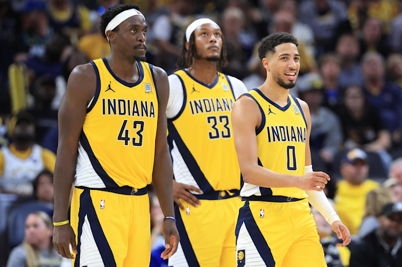 INDIANAPOLIS, INDIANA - OCTOBER 27: Pascal Siakam #43, Myles Turner #33 and  Tyrese Haliburton #0 of the Indiana Pacers look on against the Philadelphia 76ers at Gainbridge Fieldhouse on October 27, 2024 in Indianapolis, Indiana. NOTE TO USER: User expressly acknowledges and agrees that, by downloading and or using this photograph, User is consenting to the terms and conditions of the Getty Images License Agreement. (Photo by Justin Casterline/Getty Images)