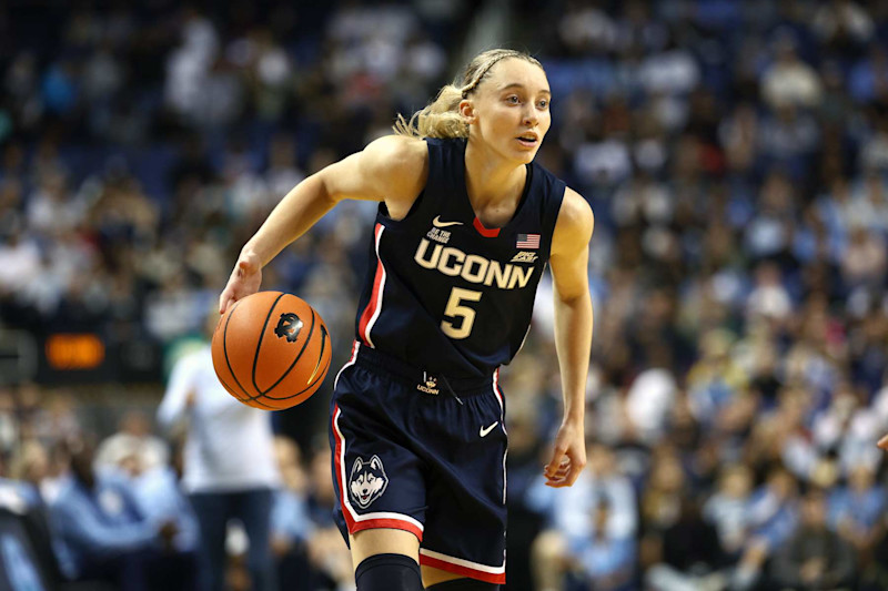 GREENSBORO, NORTH CAROLINA - NOVEMBER 15: Paige Bueckers #5 of the UConn Huskies dribbles during the second half of the game against the North Carolina Tar Heels at First Horizon Coliseum on November 15, 2024 in Greensboro, North Carolina. (Photo by Jared C. Tilton/Getty Images)