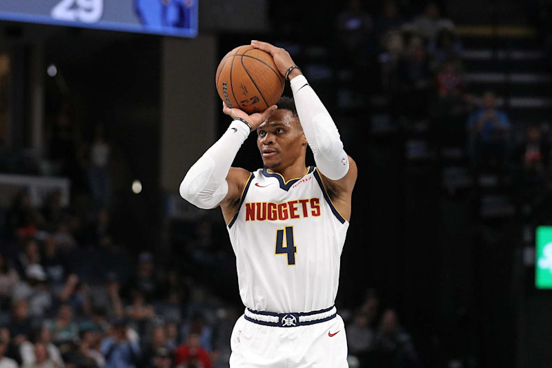 MEMPHIS, TENNESSEE - NOVEMBER 19: Russell Westbrook #4 of the Denver Nuggets takes a shot during the first half of the Emirates NBA Cup against the Memphis Grizzlies at FedExForum on November 19, 2024 in Memphis, Tennessee. NOTE TO USER: User expressly acknowledges and agrees that, by downloading and or using this photograph, User is consenting to the terms and conditions of the Getty Images License Agreement. (Photo by Justin Ford/Getty Images)