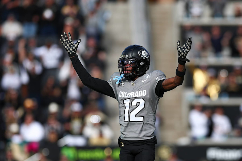 BOULDER, COLORADO - NOVEMBER 16: Travis Hunter #12 of the Colorado Buffaloes celebrates during the second half against the Utah Utes at Folsom Field on November 16, 2024 in Boulder, Colorado. (Photo by Aaron M. Sprecher/Getty Images)