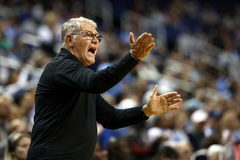 GREENSBORO, NORTH CAROLINA - NOVEMBER 15: Head coach Geno Auriemma of the UConn Huskies reacts during the first half of the game against the North Carolina Tar Heels at First Horizon Coliseum on November 15, 2024 in Greensboro, North Carolina. (Photo by Jared C. Tilton/Getty Images)