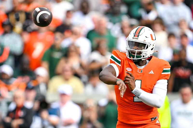 ATLANTA, GA  NOVEMBER 09:  Miami quarterback Cam Ward (1) passes the ball during the college football game between the Miami Hurricanes and the Georgia Tech Yellow Jackets on November 9th, 2024 at Mercedes-Benz Stadium in Atlanta, GA.  (Photo by Rich von Biberstein/Icon Sportswire via Getty Images)