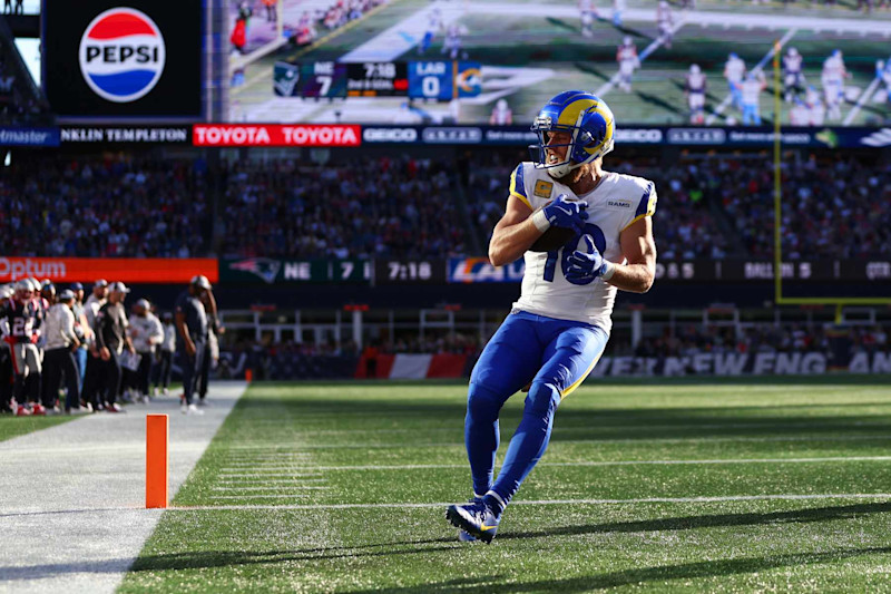 FOXBOROUGH, MASSACHUSETTS - NOVEMBER 17: Cooper Kupp #10 of the Los Angeles Rams scores a second quarter touchdown against the New England Patriots at Gillette Stadium on November 17, 2024 in Foxborough, Massachusetts. (Photo by Maddie Meyer/Getty Images)