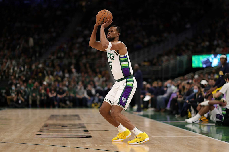 MILWAUKEE, WISCONSIN - DECEMBER 15: Rodney Hood #5 of the Milwaukee Bucks takes a three point shot during the first half of a game against the Indiana Pacers at Fiserv Forum on December 15, 2021 in Milwaukee, Wisconsin. NOTE TO USER: User expressly acknowledges and agrees that, by downloading and or using this photograph, User is consenting to the terms and conditions of the Getty Images License Agreement. (Photo by Stacy Revere/Getty Images)