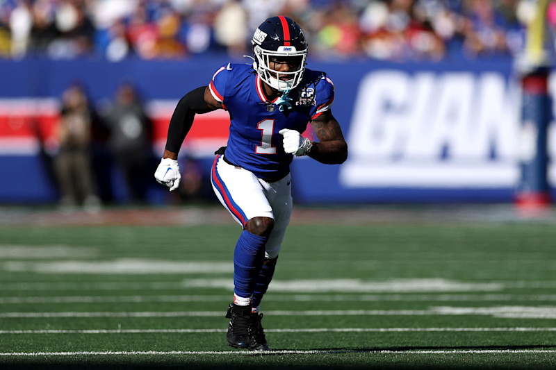 EAST RUTHERFORD, NEW JERSEY - NOVEMBER 03: Malik Nabers #1 of the New York Giants in action against the Washington Commanders at MetLife Stadium on November 03, 2024 in East Rutherford, New Jersey. (Photo by Luke Hales/Getty Images)