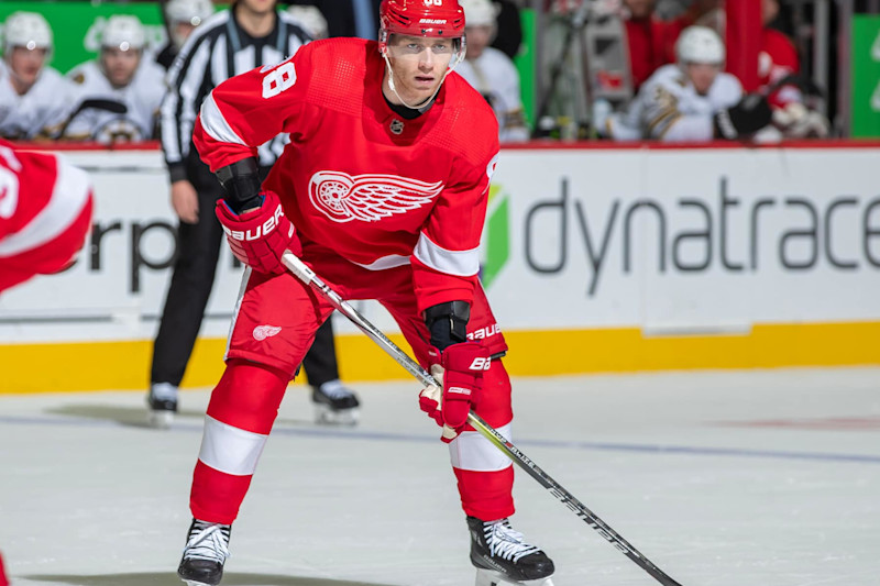 DETROIT, MI - DECEMBER 31: Patrick Kane #88 of the Detroit Red Wings gets set for the face-off against the Boston Bruins in the first period during the New Years Eve game at Little Caesars Arena on December 31, 2023 in Detroit, Michigan. Boston defeated Detroit 5-3. (Photo by Dave Reginek/NHLI via Getty Images)