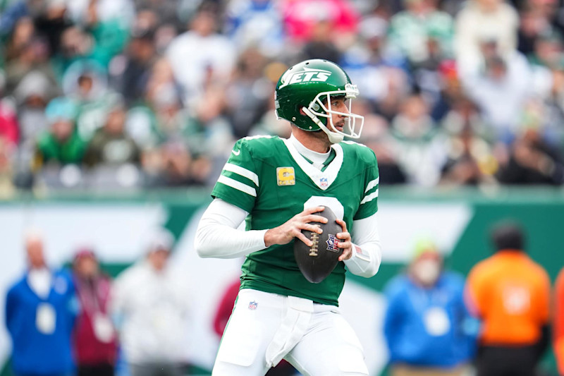 EAST RUTHERFORD, NJ - NOVEMBER 17: Aaron Rodgers #8 of the New York Jets drops back to pass during an NFL football game against the Indianapolis Colts at MetLife Stadium on November 17, 2024 in East Rutherford, New Jersey. (Photo by Cooper Neill/Getty Images)