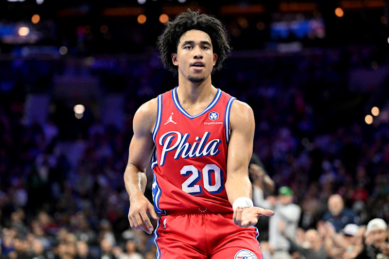 PHILADELPHIA, PENNSYLVANIA - NOVEMBER 22: Jared McCain #20 of the Philadelphia 76ers celebrates after scoring in the second quarter of the Emirates NBA Cup game against the Brooklyn Nets at the Wells Fargo Center on November 22, 2024 in Philadelphia, Pennsylvania. NOTE TO USER: User expressly acknowledges and agrees that, by downloading and or using this photograph, User is consenting to the terms and conditions of the Getty Images License Agreement. (Photo by G Fiume/Getty Images)